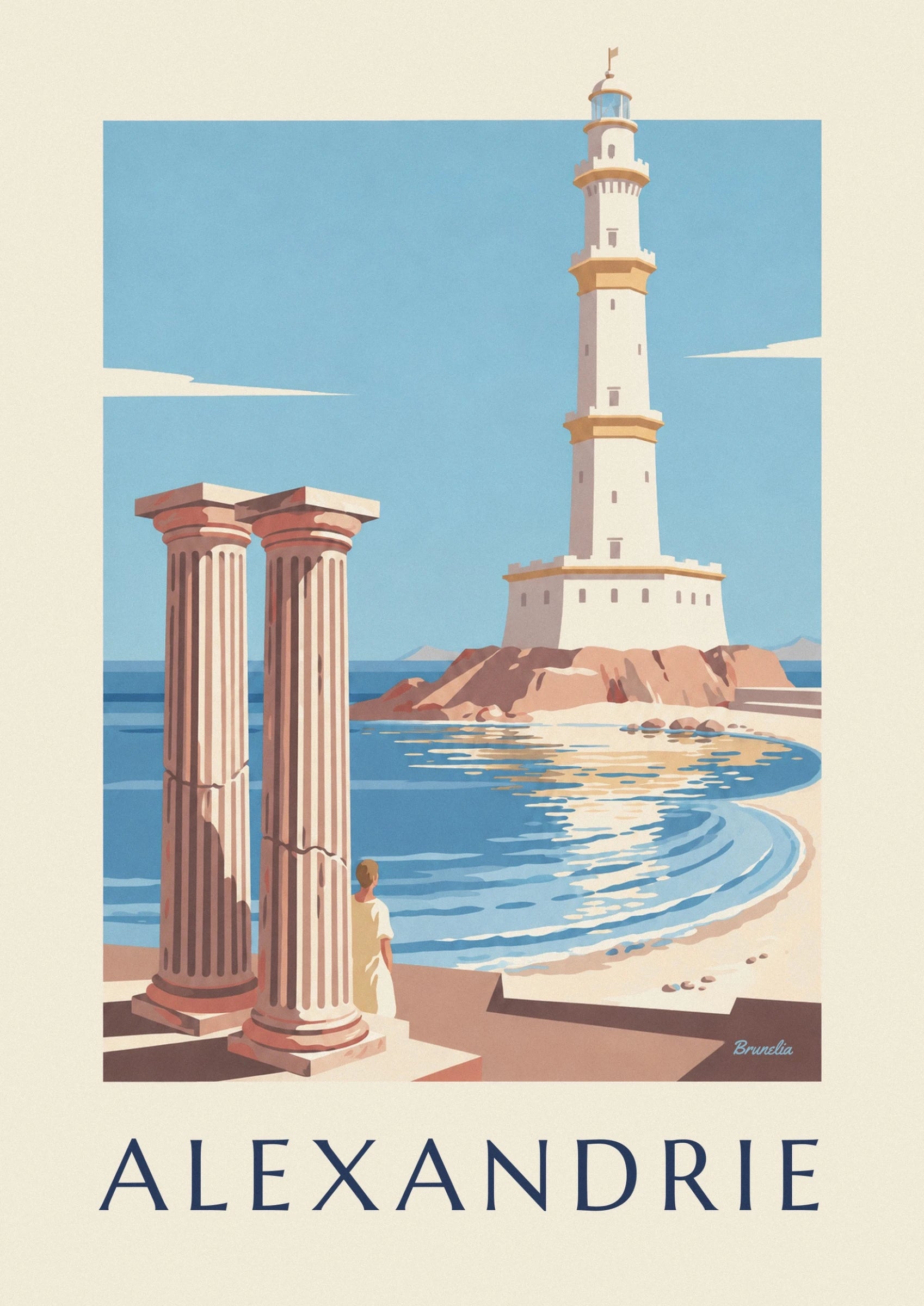 Le phare d’Alexandrie aux étages crème et ocre, sur un ciel bleu