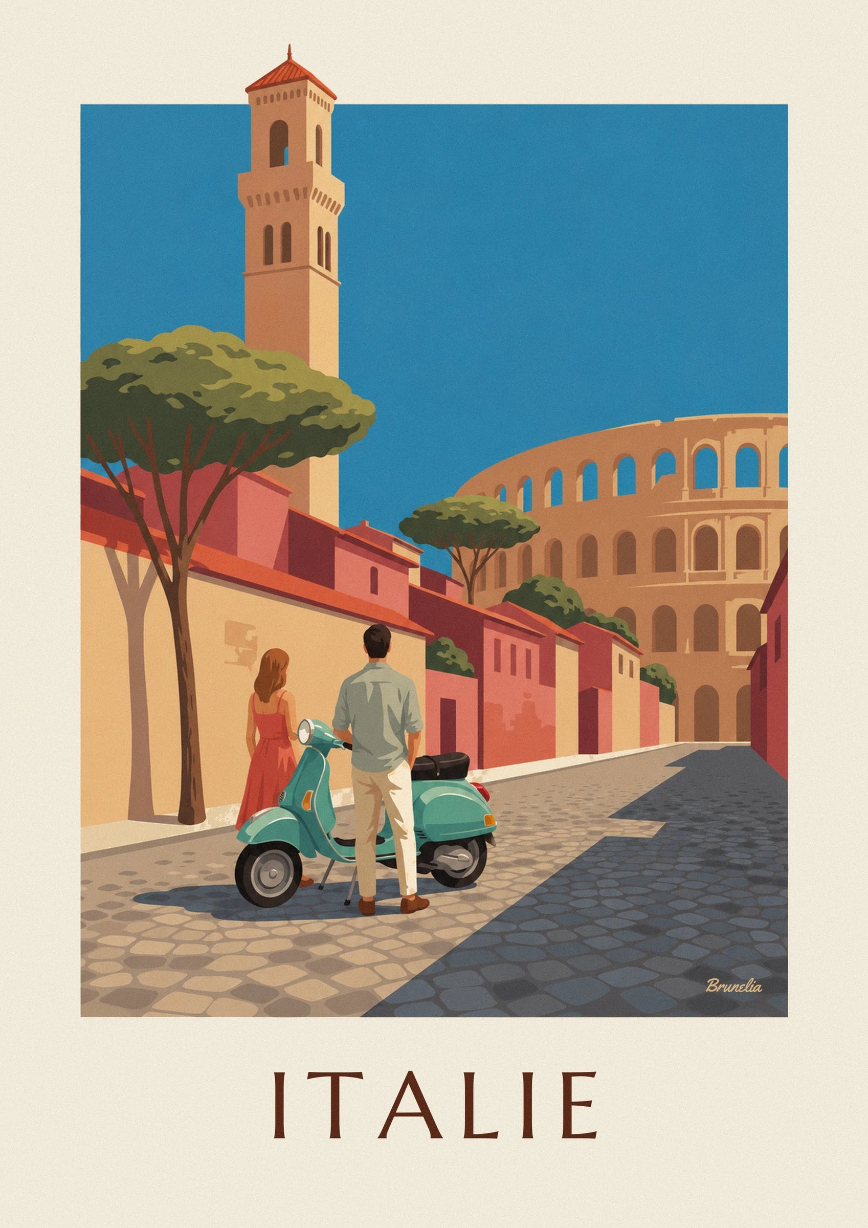 The couple seen from behind beside the sea-green scooter on the cobbles of the lane