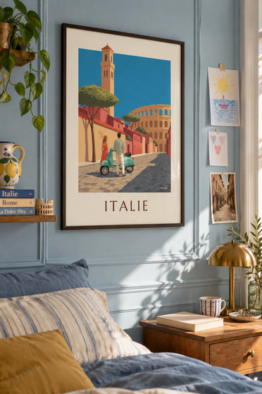 Poster of a couple and a sea-green scooter in front of the Colosseum in Rome: framed on the wall