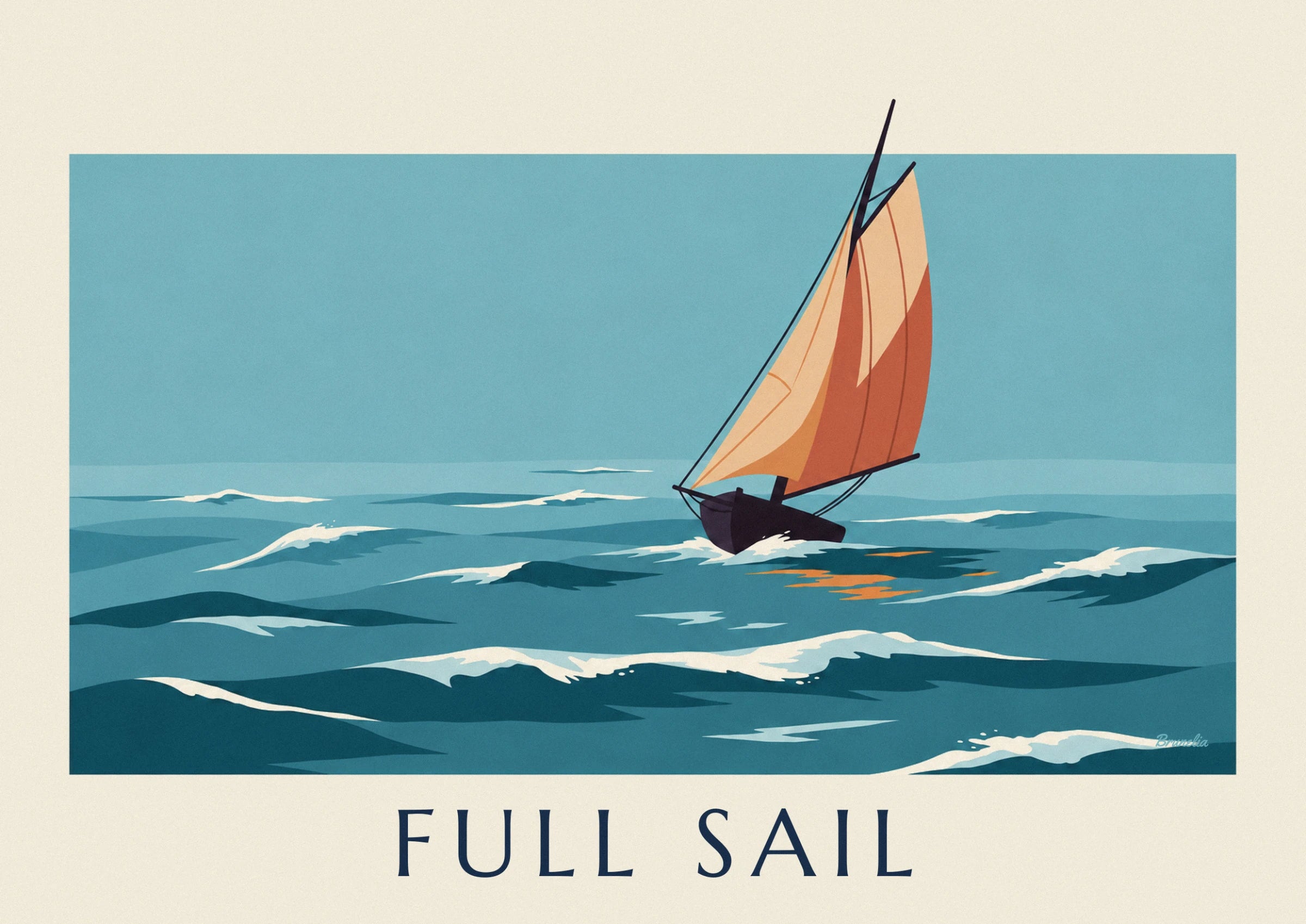 The sailing boat's beige and orange sails billowing in the wind above the dark hull