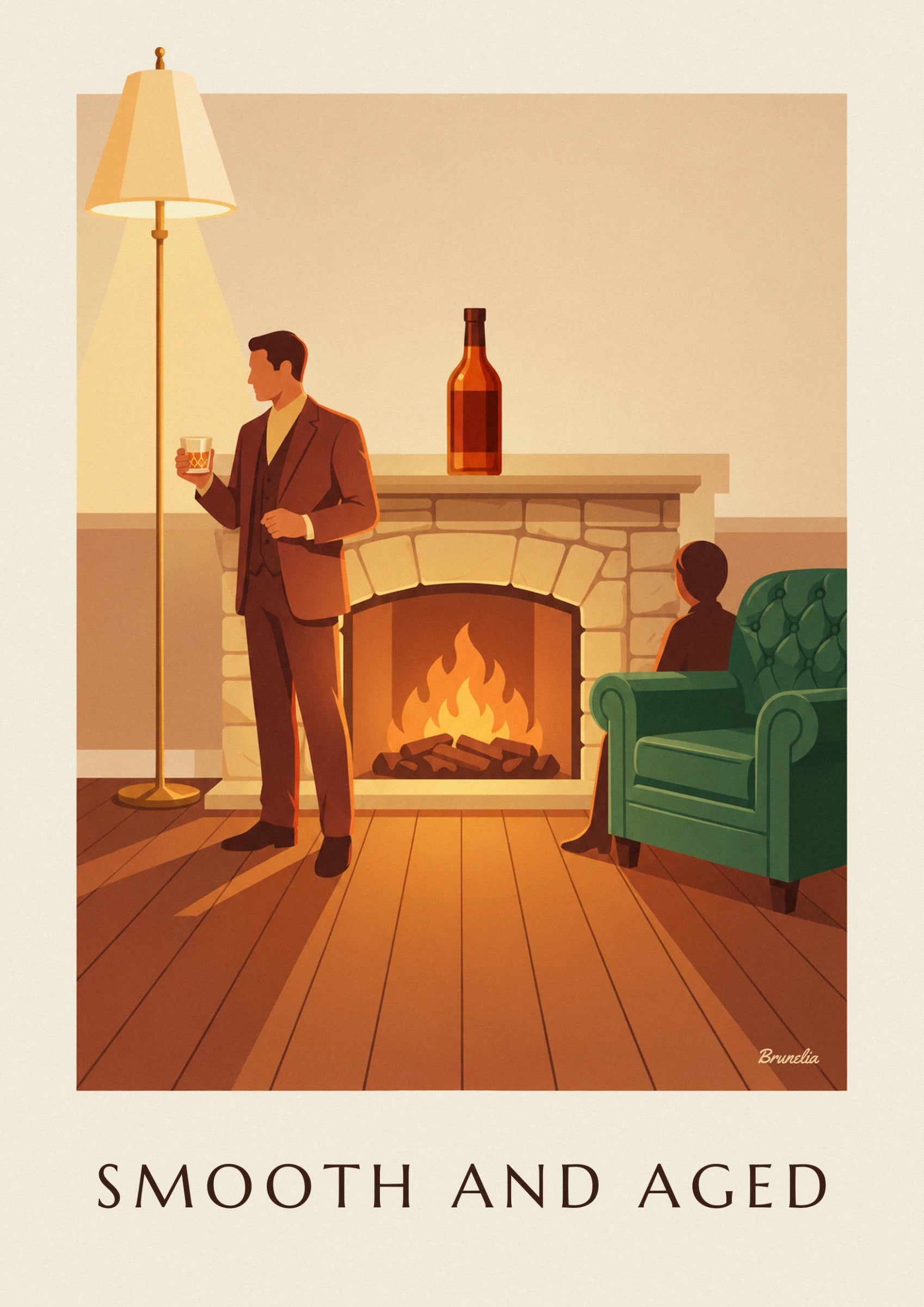 The man in a brown three-piece suit, holding a glass of whisky in front of the stone fireplace