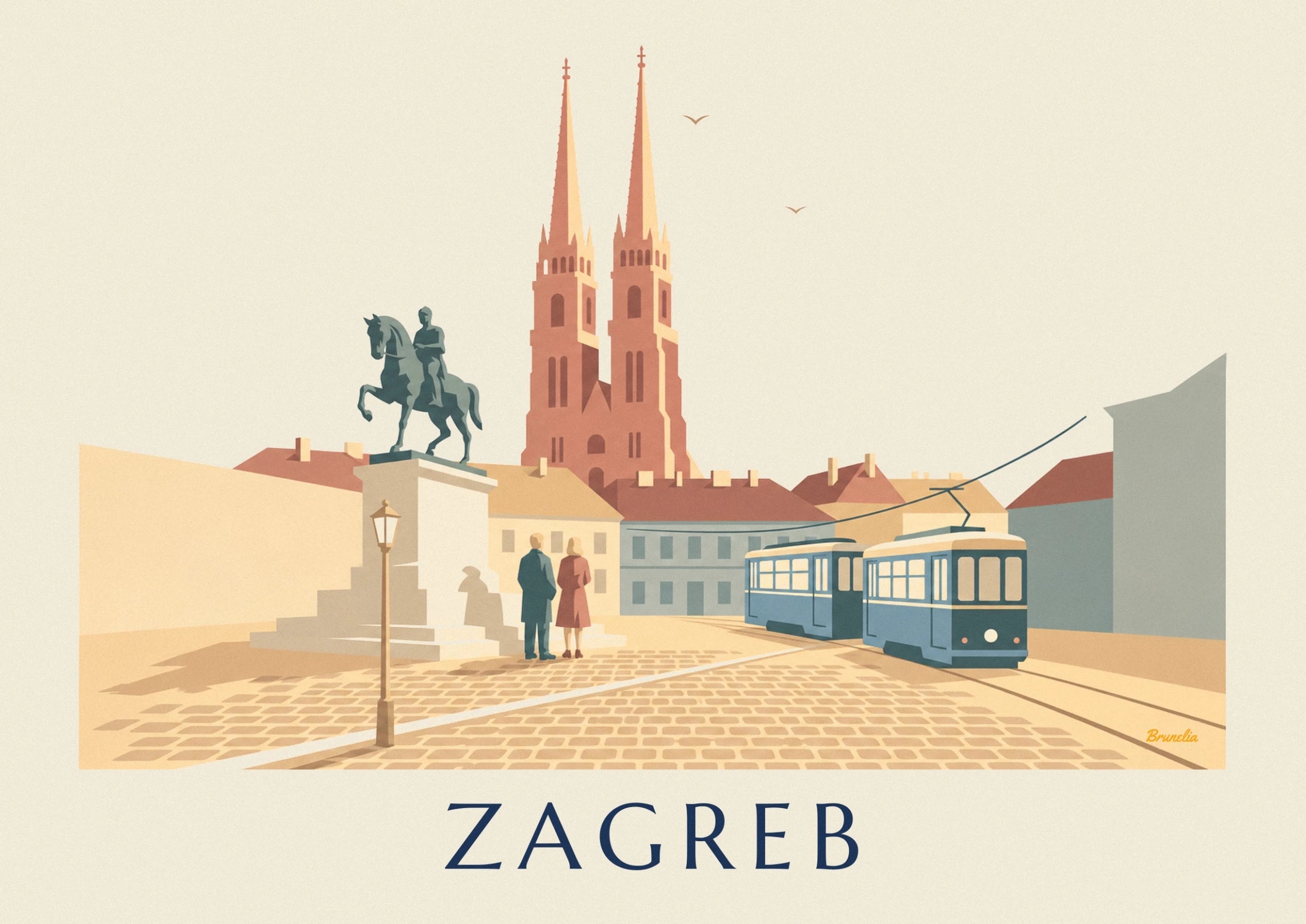 Die 2 blauen Waggons der Straßenbahn, ihre Oberleitungen und das goldene Kopfsteinpflaster von Zagreb